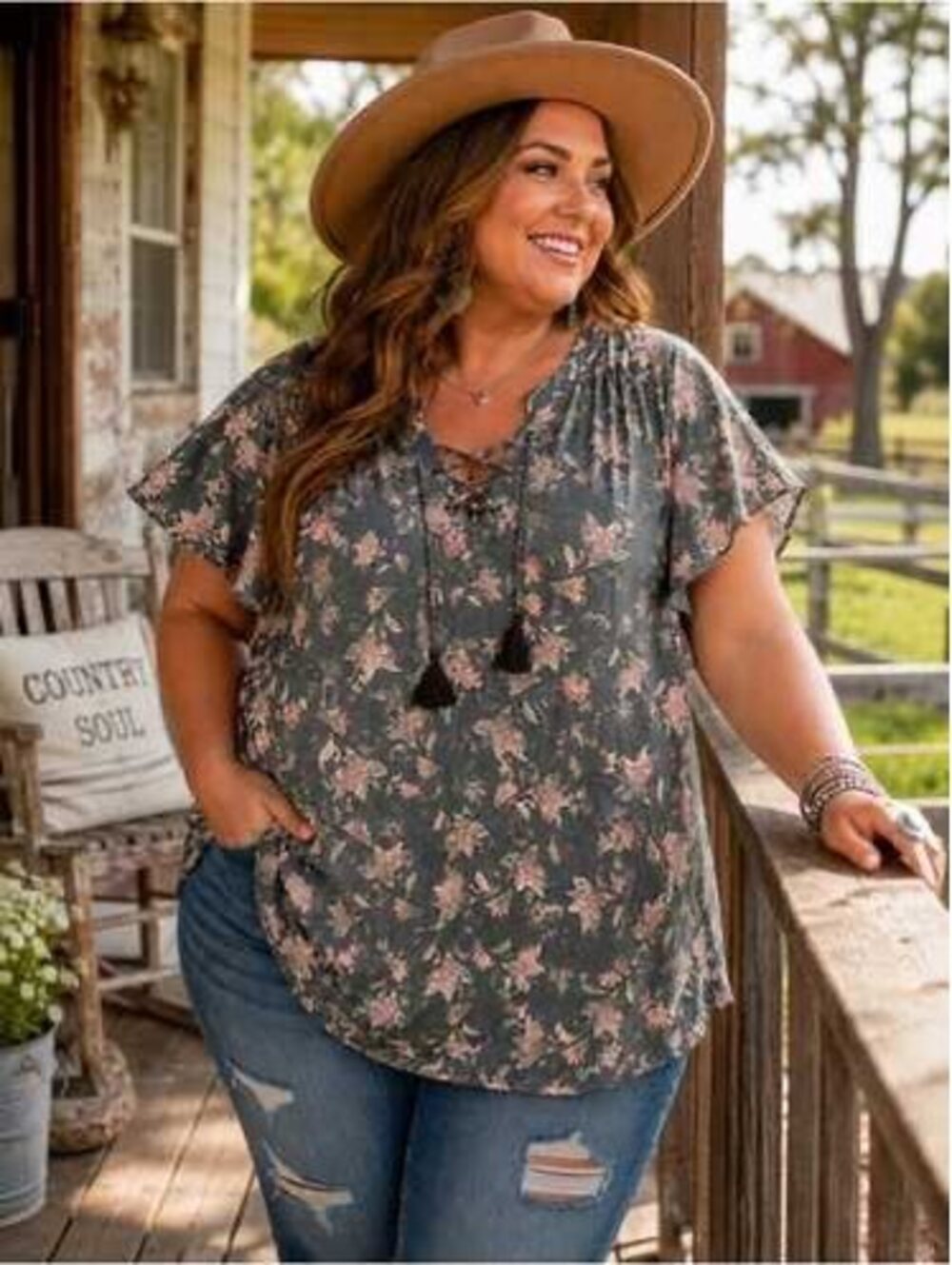 St John’s Bay Top women’s petite L Sage green floral flowy rayon